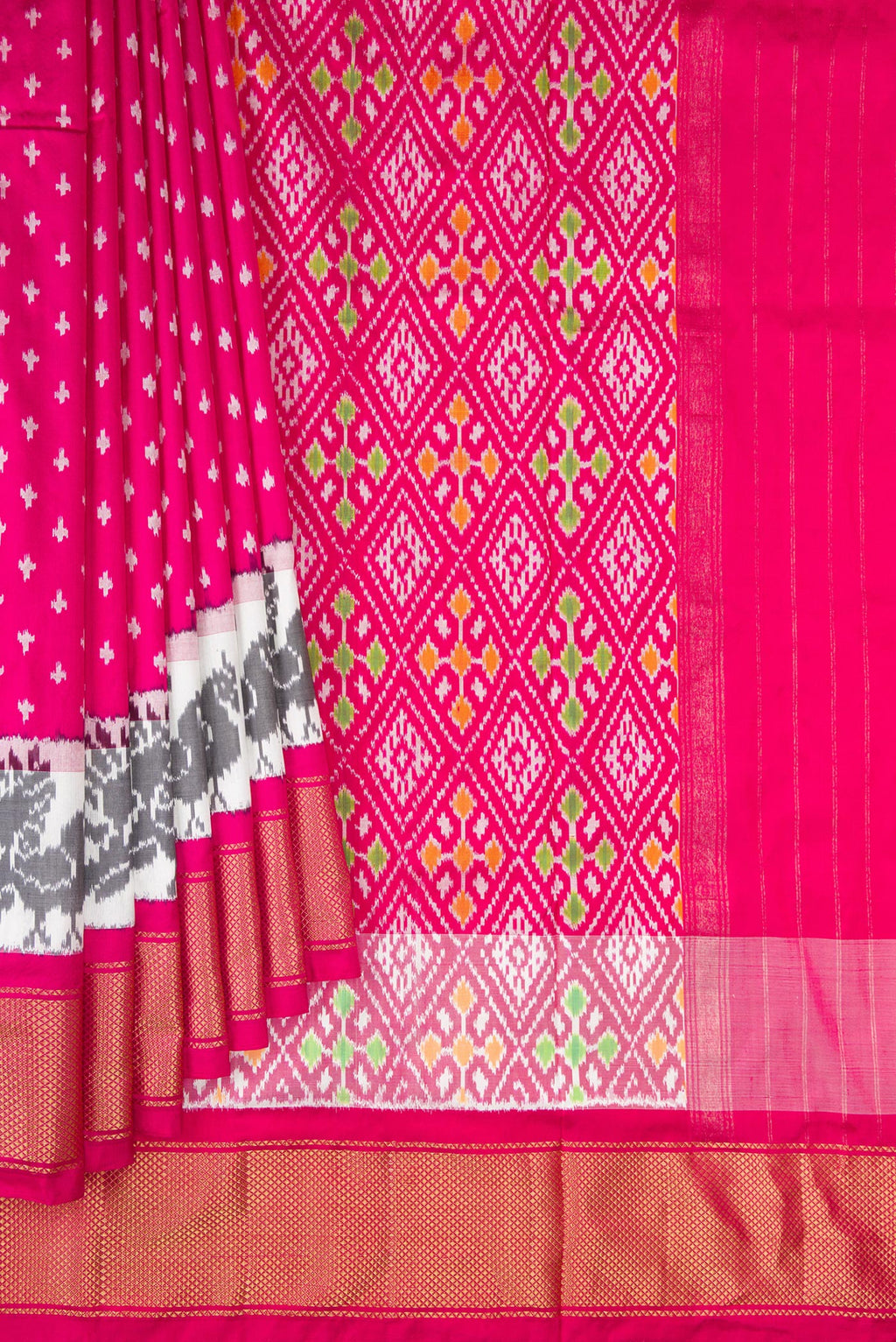 Pleats and pallu of Pure Silk Dark Pink Pochampally Saree with Pure Ikat on the body and Ikat Border. 