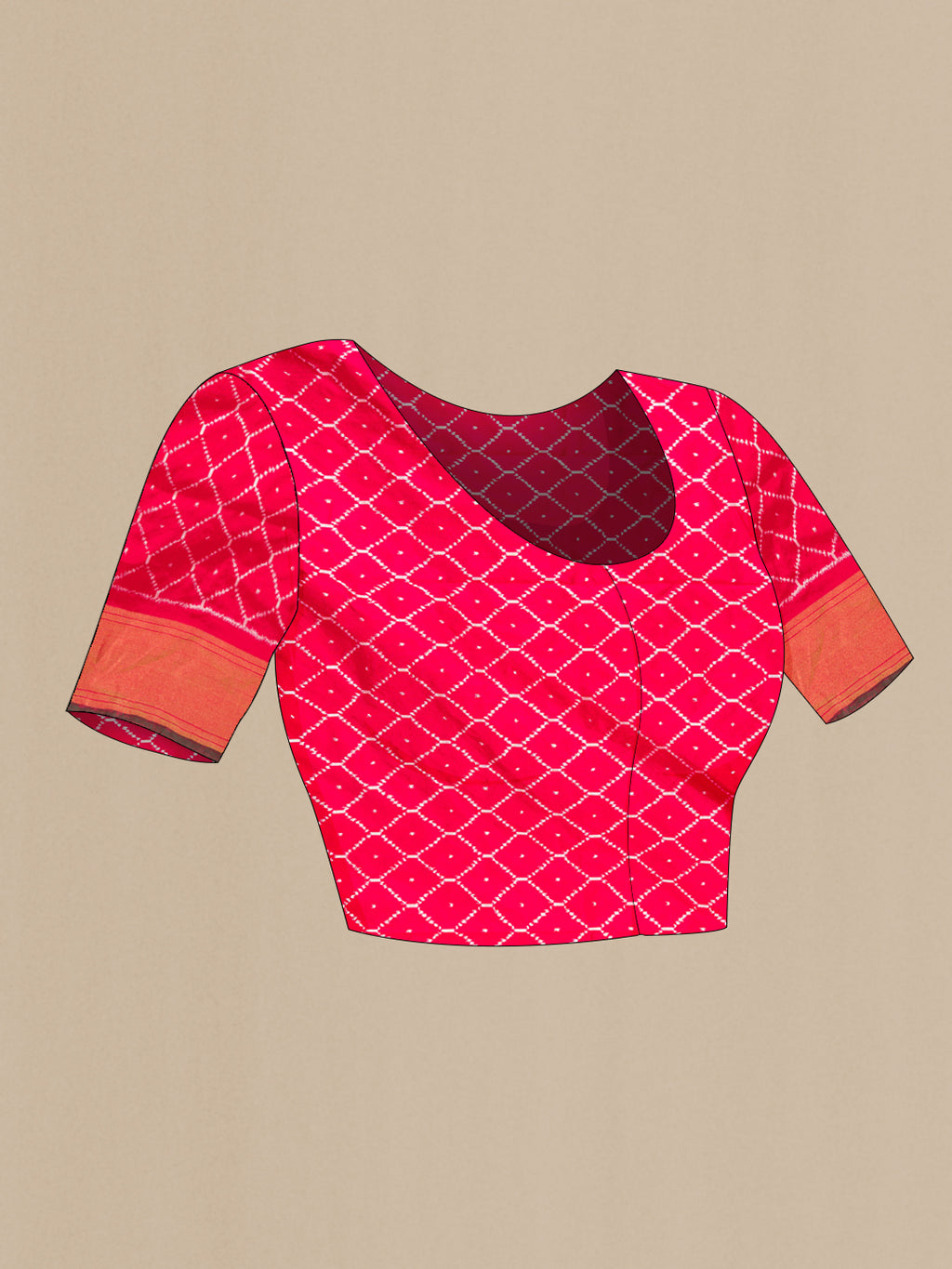 Close up image of the blouse of Pure Silk Off White Pochampally Saree with Pure Ikat on the body and Zari Border. 