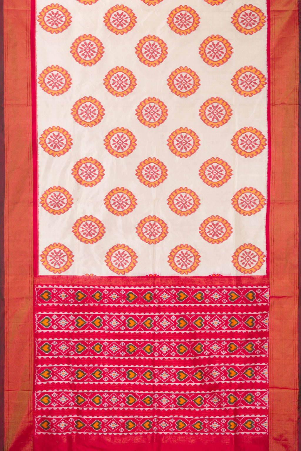 Flat view of Pure Silk Off White Pochampally Saree with Pure Ikat on the body and Zari Border. 