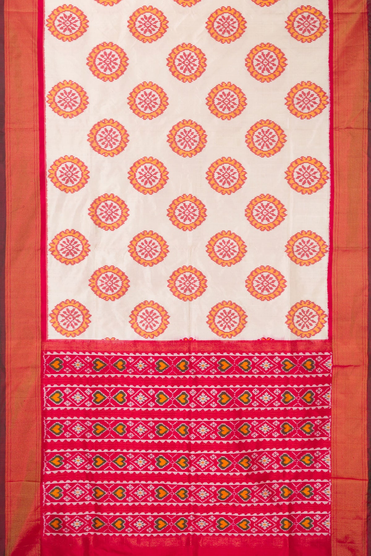 Flat view of Pure Silk Off White Pochampally Saree with Pure Ikat on the body and Zari Border. 