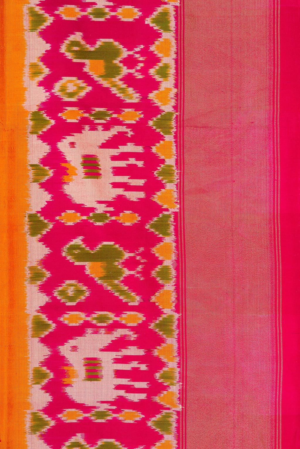 Border image of Pure Silk Orange Dual Tone Double Ikat Saree with Plain Body and Ikat Border. 
