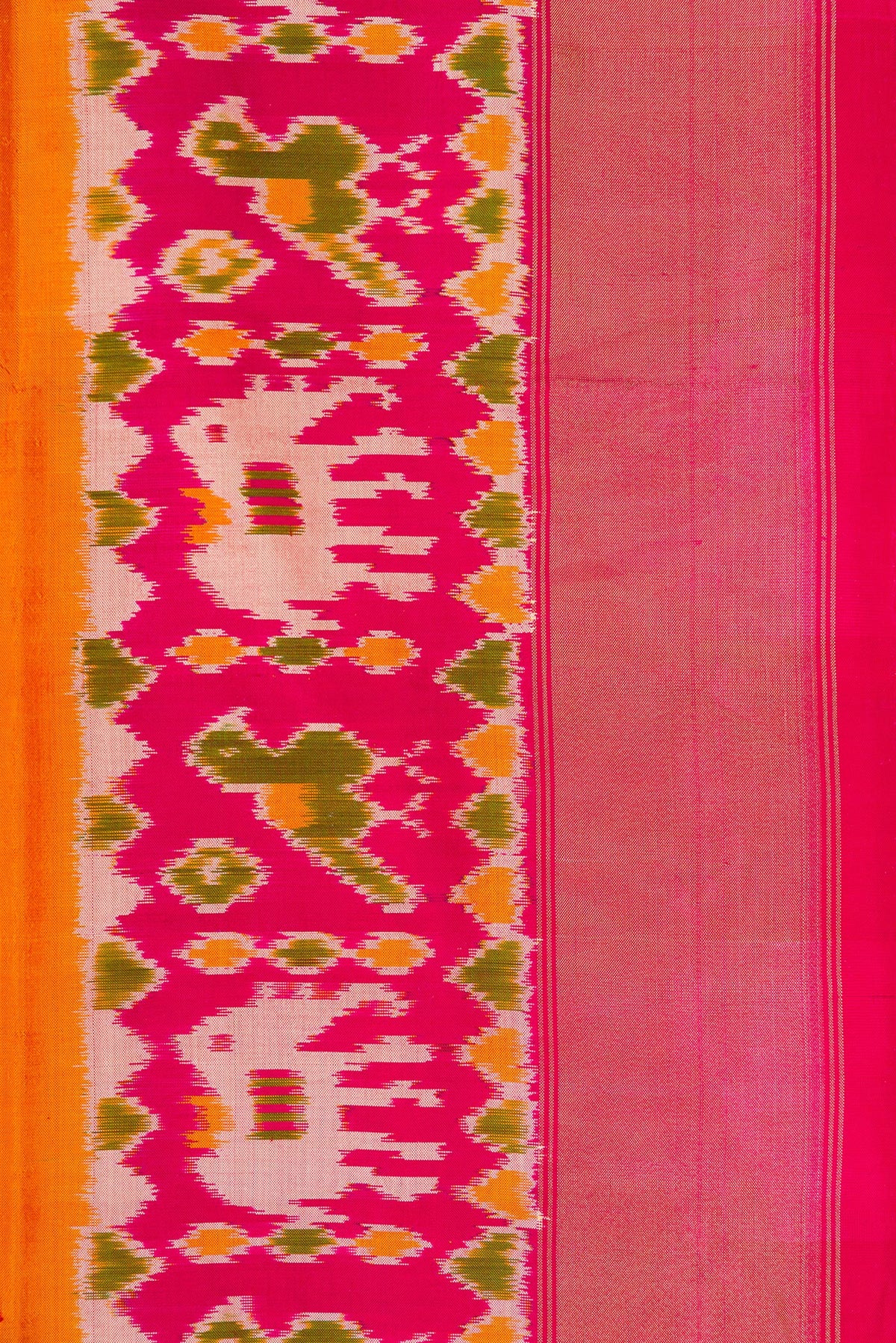 Border image of Pure Silk Orange Dual Tone Double Ikat Saree with Plain Body and Ikat Border. 
