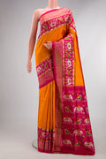 Pure Silk Orange Dual Tone Double Ikat Saree with Plain Body and Ikat Border.  displayed on a mannequin