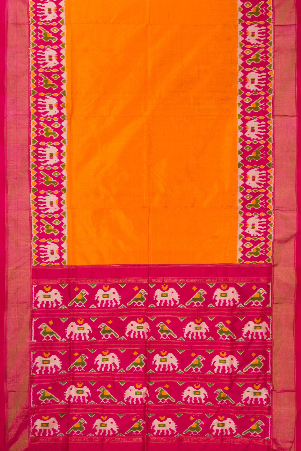 Flat view of Pure Silk Orange Dual Tone Double Ikat Saree with Plain Body and Ikat Border. 