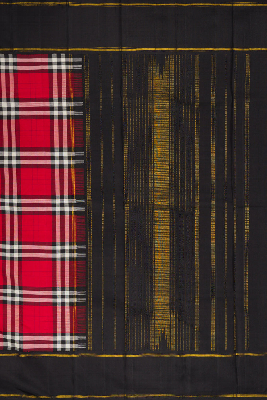 Close up image of the pallu of Pure Silk Multi Color Kanjivaram Saree with Checked design on the body and Plain Border. 