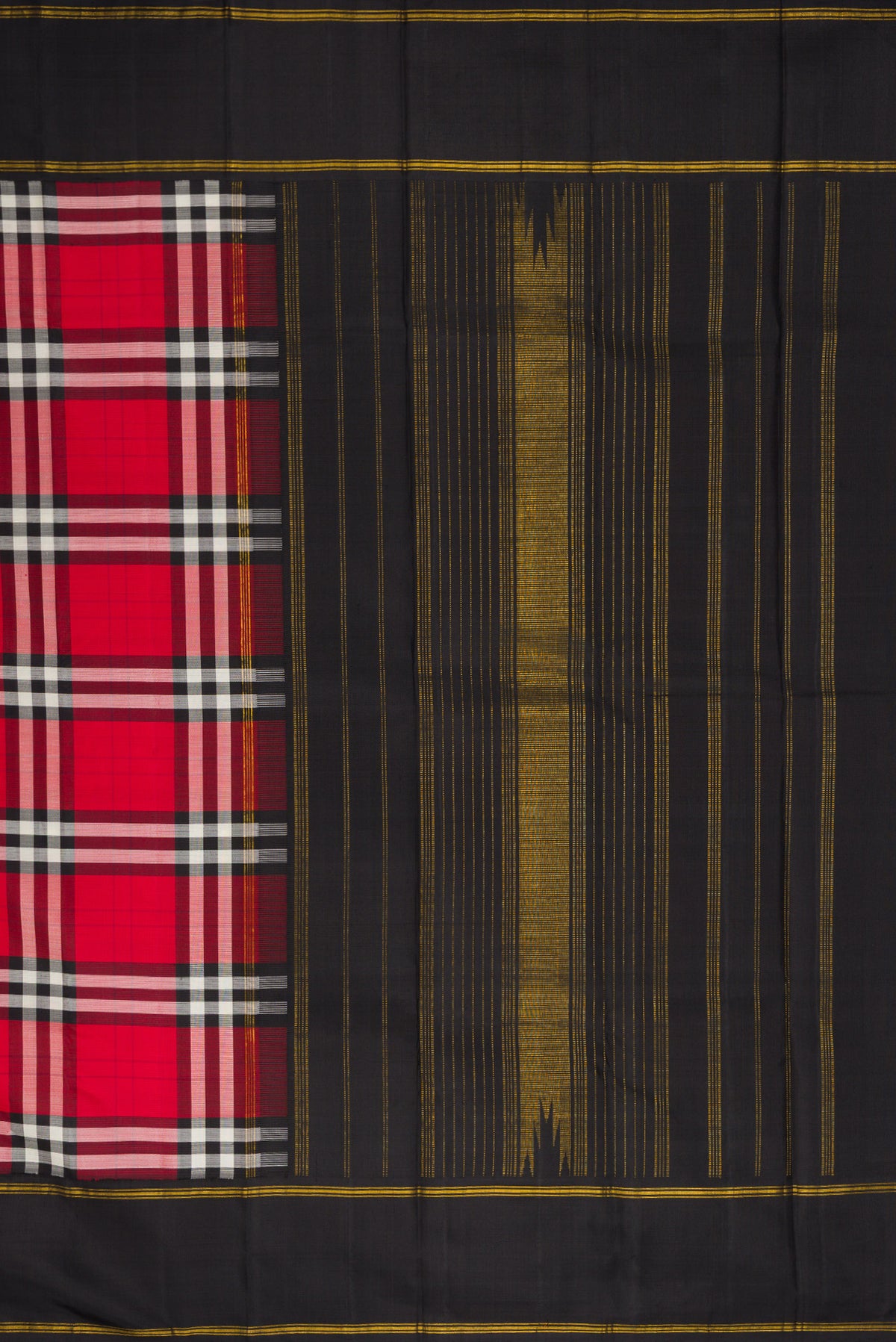 Close up image of the pallu of Pure Silk Multi Color Kanjivaram Saree with Checked design on the body and Plain Border. 
