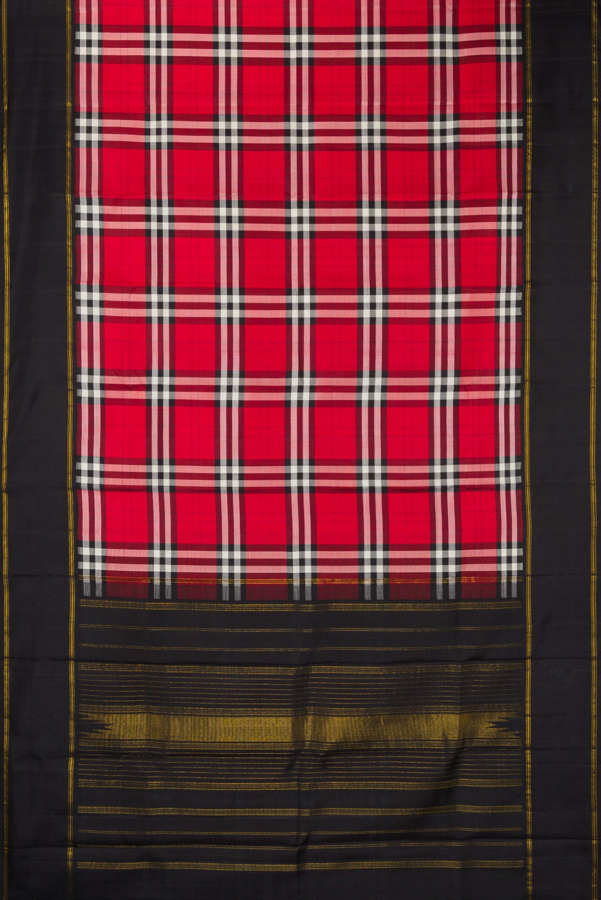 Flat view of Pure Silk Multi Color Kanjivaram Saree with Checked design on the body and Plain Border. 