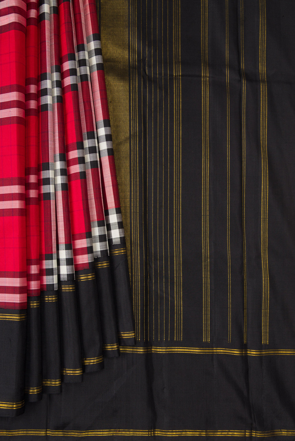 Pleats and pallu of Pure Silk Multi Color Kanjivaram Saree with Checked design on the body and Plain Border. 