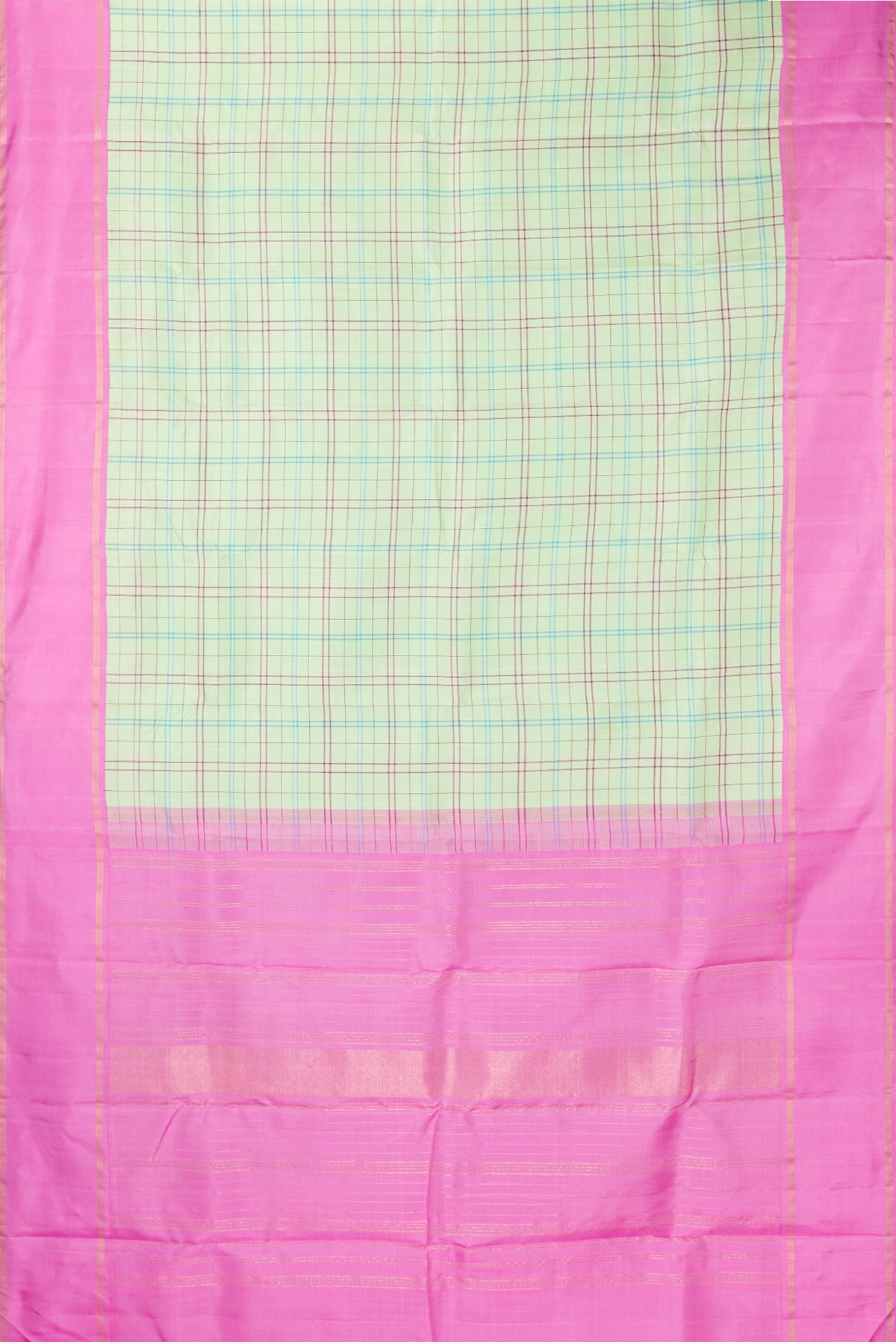 Flat view of Pure Silk Pure Zari Pista Green Kanjivaram Saree with Checked design on the body and Plain Border. 
