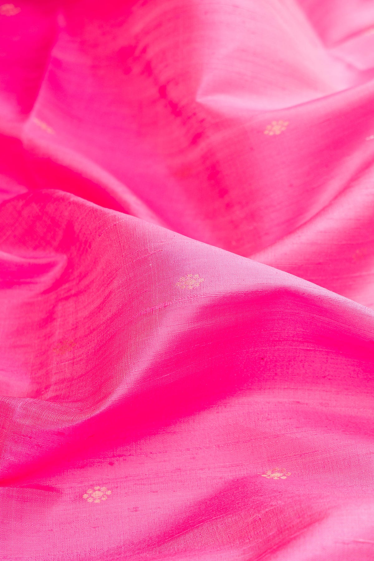 Close up of Pink Raw Saree with Zari Butta on the body and Zari Border.  displaying folds