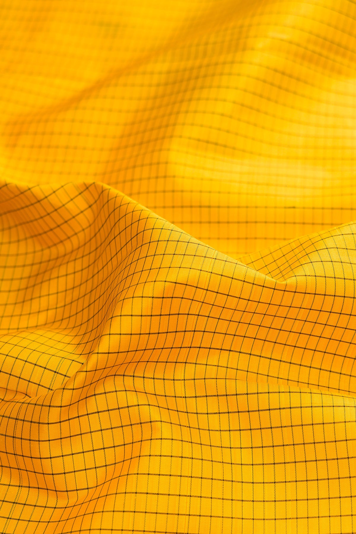 Close up of Pure Silk Yellow Kanjivaram Saree with Checked design on the body and Temple Border.  displaying folds