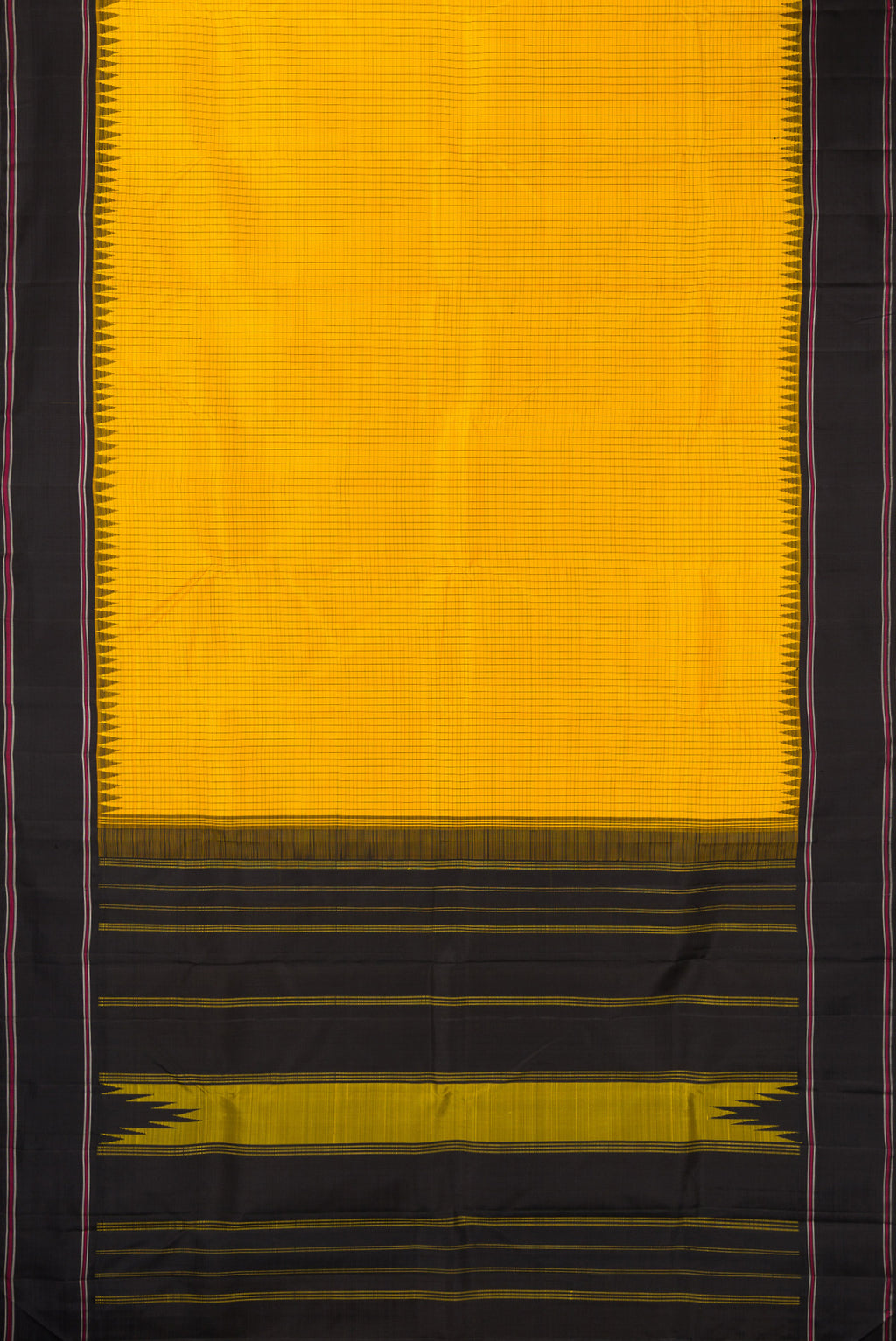 Flat view of Pure Silk Yellow Kanjivaram Saree with Checked design on the body and Temple Border. 