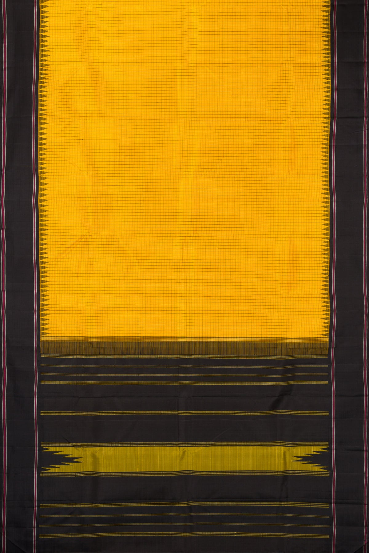 Flat view of Pure Silk Yellow Kanjivaram Saree with Checked design on the body and Temple Border. 