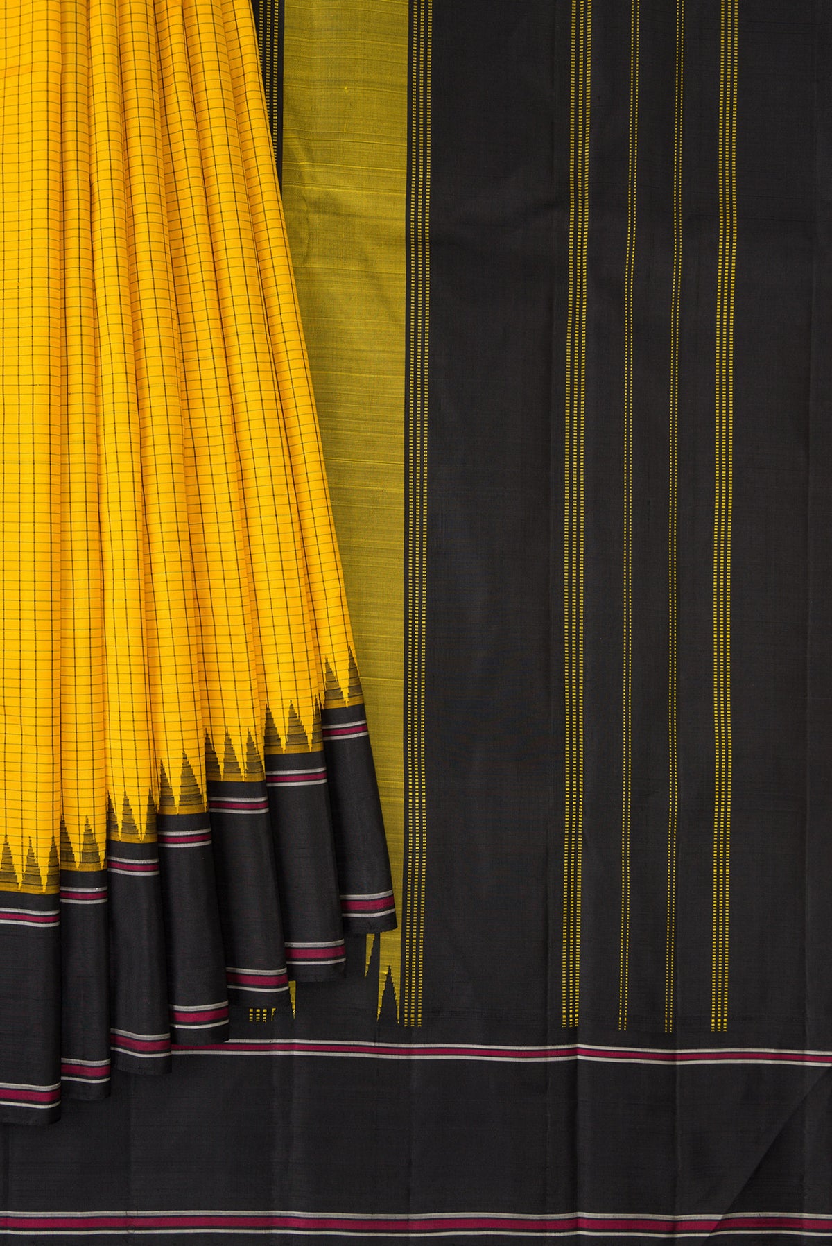 Pleats and pallu of Pure Silk Yellow Kanjivaram Saree with Checked design on the body and Temple Border. 