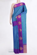 Pure Silk Peacock Blue Kanjivaram Saree with Checked design on the body and Fancy Border.  displayed on a mannequin