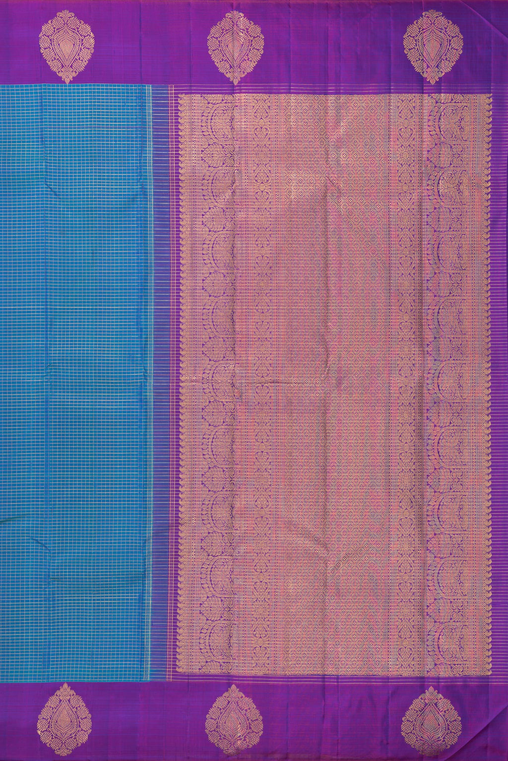 Close up image of the pallu of Pure Silk Peacock Blue Kanjivaram Saree with Checked design on the body and Fancy Border. 