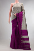 Pure Silk Grey and Purple Color Kanchipuram Saree with Half And Half on the body and Rising Temple Border.  displayed on a mannequin
