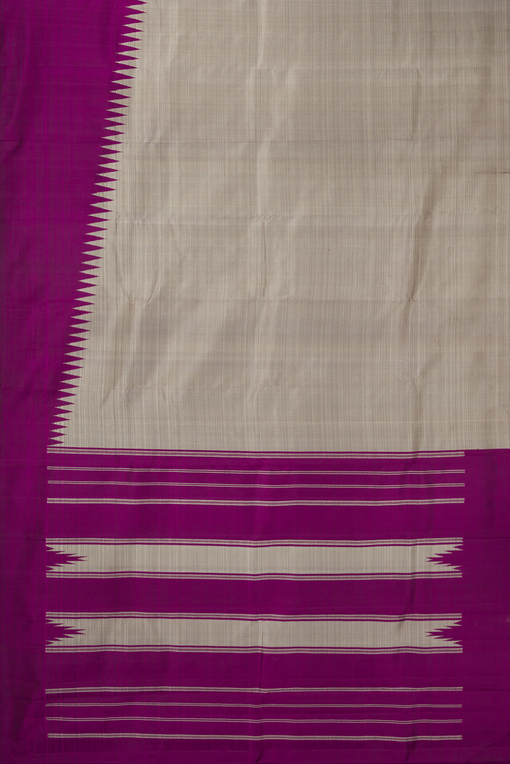 Flat view of Pure Silk Grey and Purple Color Kanchipuram Saree with Half And Half on the body and Rising Temple Border. 