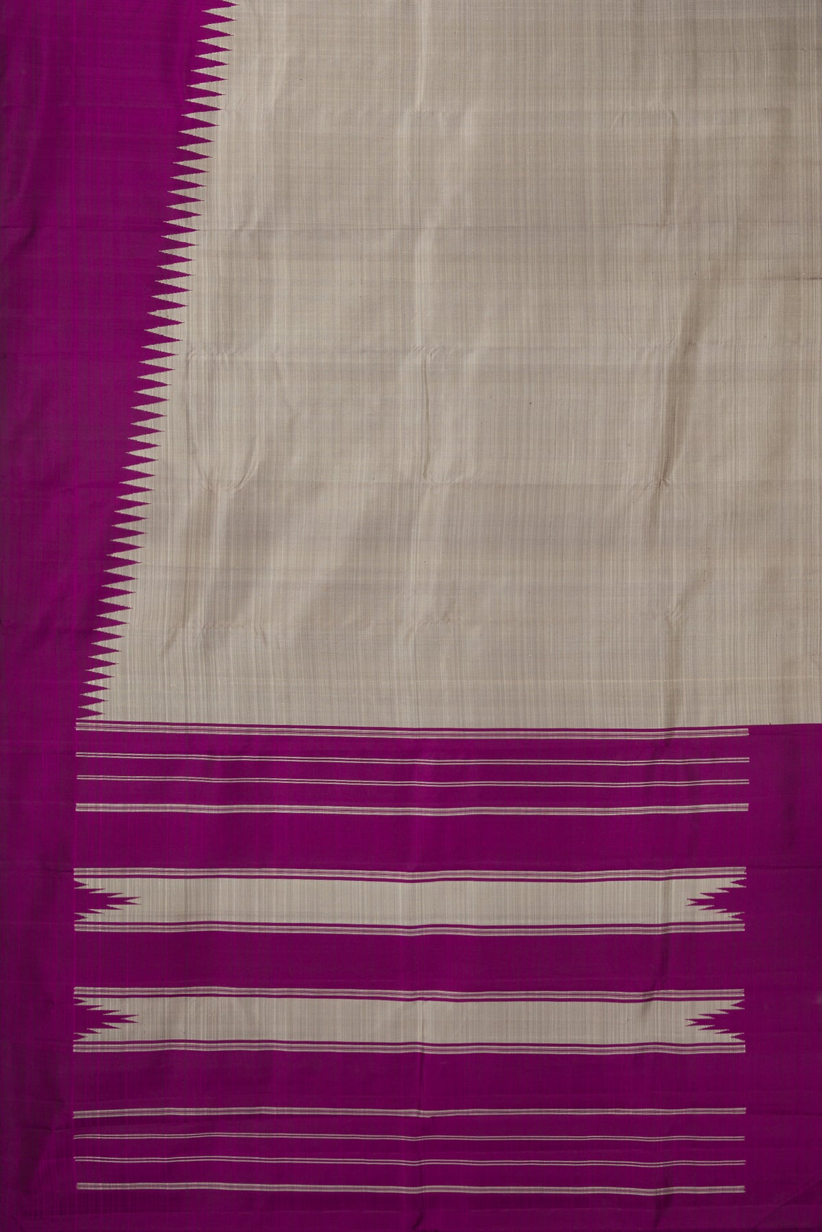 Flat view of Pure Silk Grey and Purple Color Kanchipuram Saree with Half And Half on the body and Rising Temple Border. 
