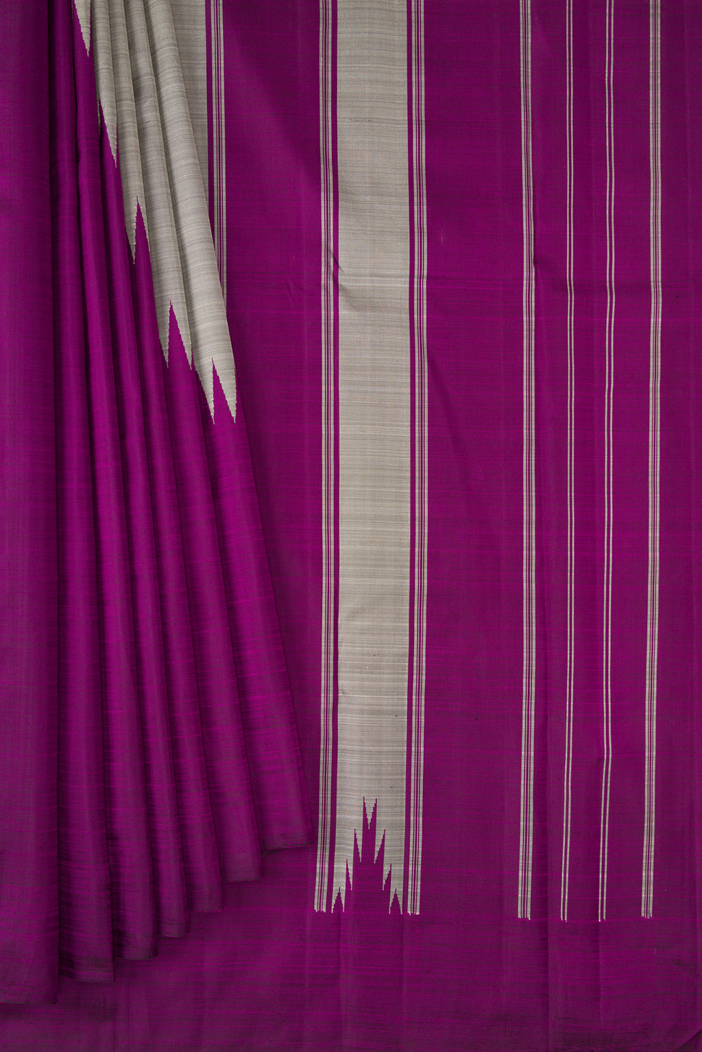 Pleats and pallu of Pure Silk Grey and Purple Color Kanchipuram Saree with Half And Half on the body and Rising Temple Border. 