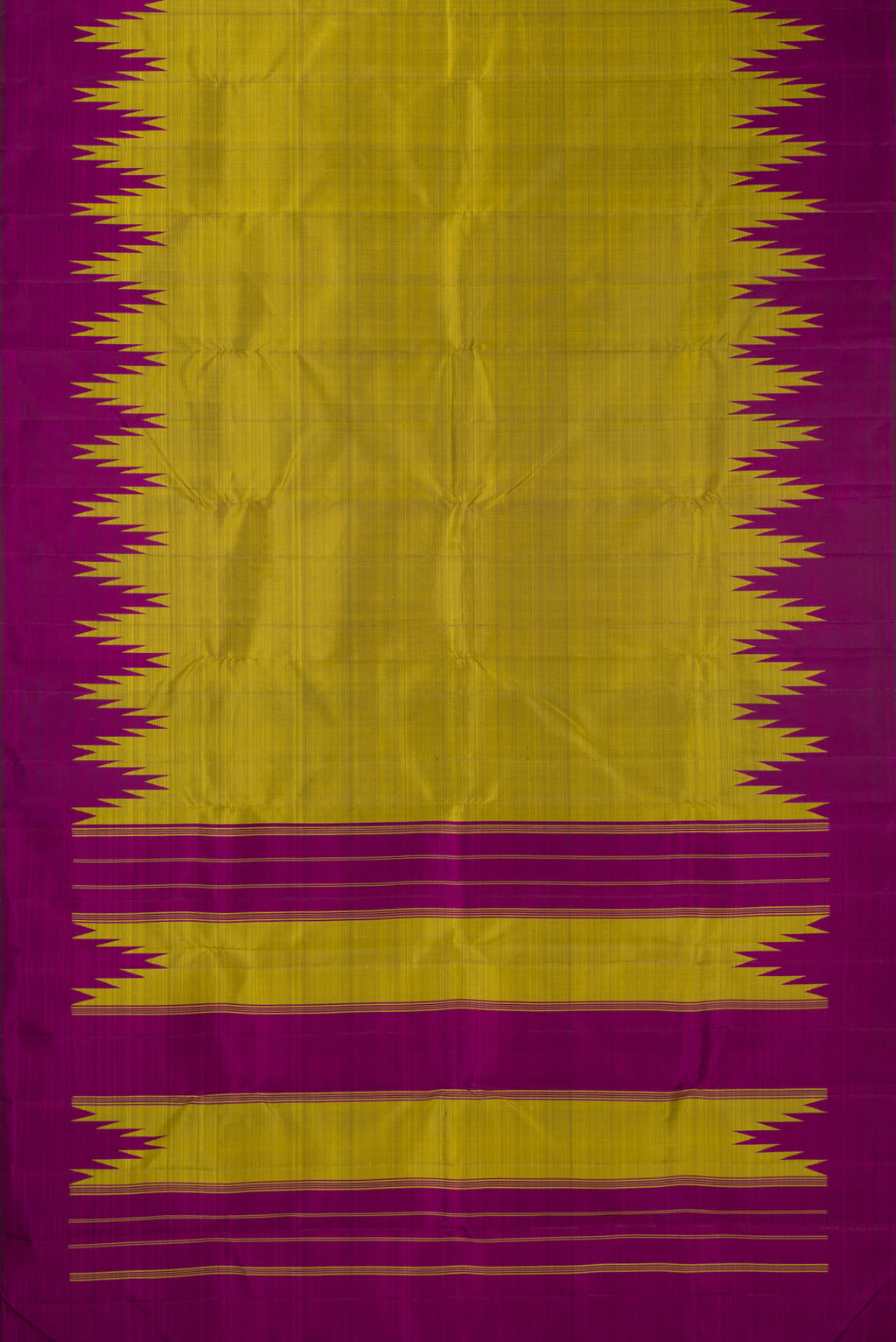 Flat view of Pure Silk Mehandi Green Dual Tone Kanjivaram Saree with Plain Body and Temple Border. 