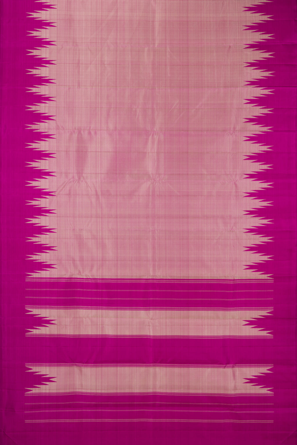 Flat view of Pure Silk Pink Dual Tone Kanjivaram Saree with Plain Body and Rising Temple Border. 