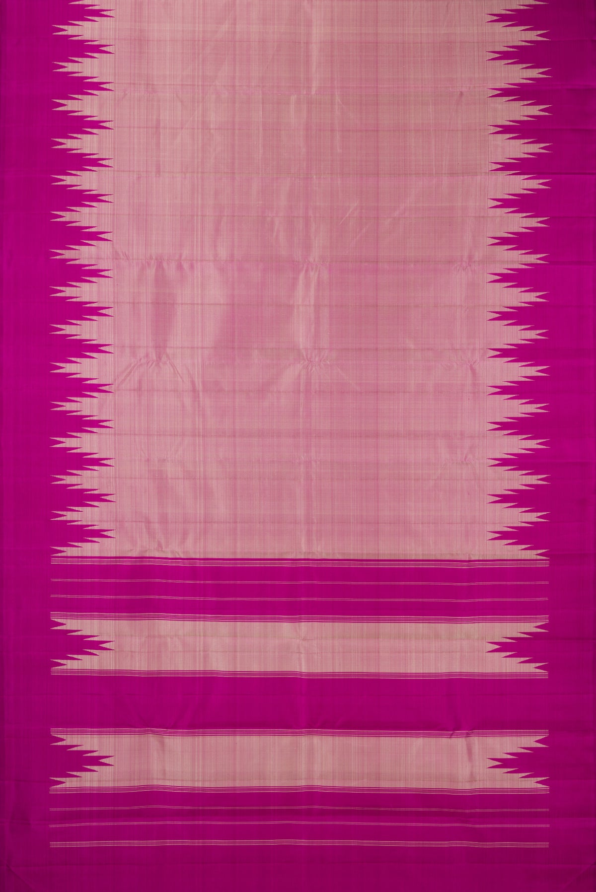 Flat view of Pure Silk Pink Dual Tone Kanjivaram Saree with Plain Body and Rising Temple Border. 