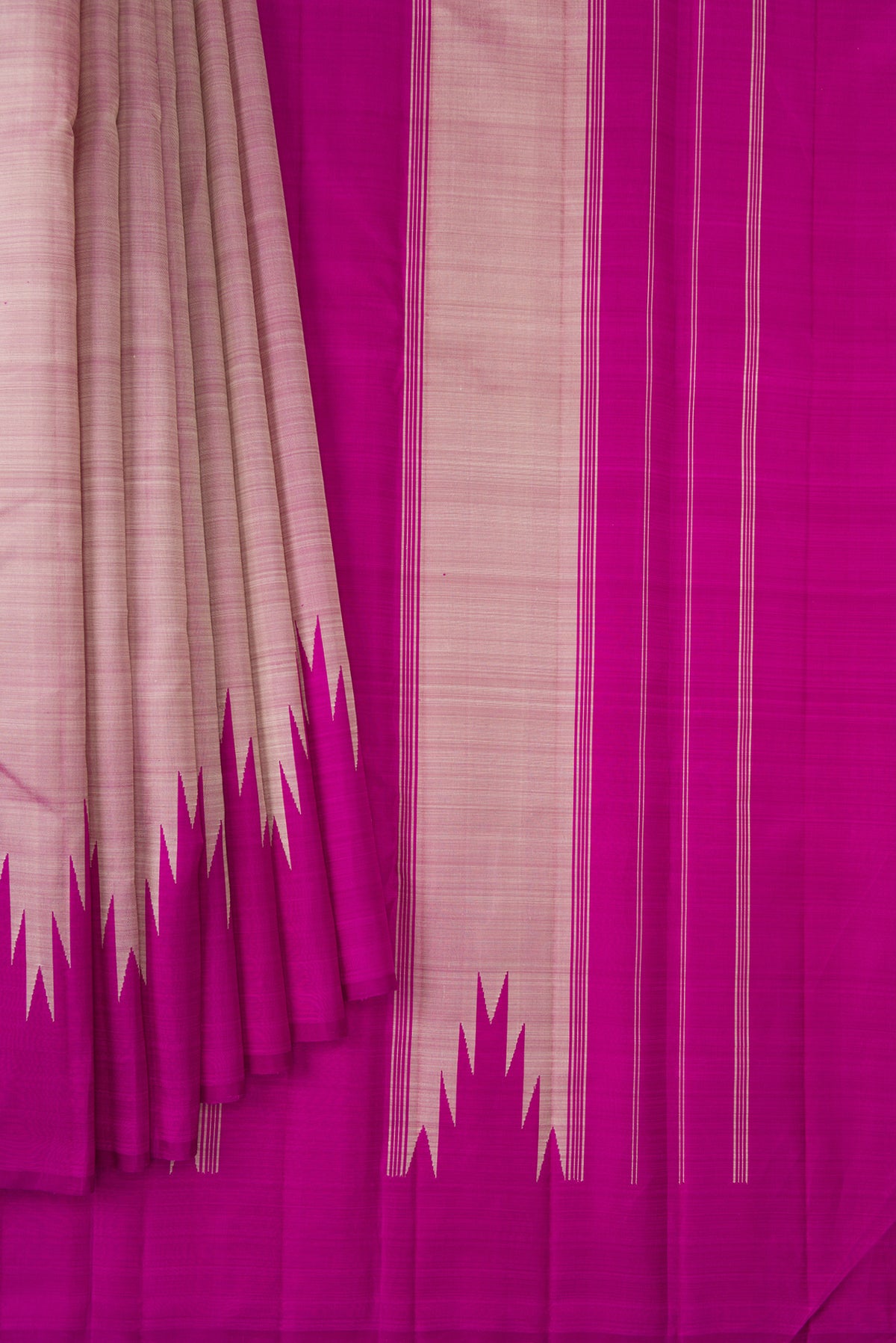 Pleats and pallu of Pure Silk Pink Dual Tone Kanjivaram Saree with Plain Body and Rising Temple Border. 