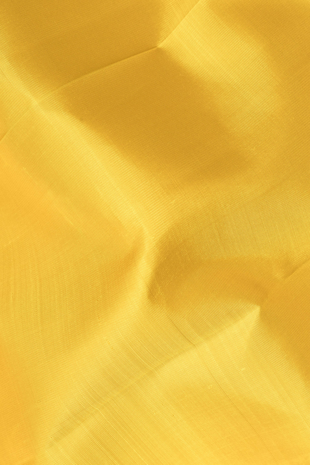 Close up of Pure Silk Yellow Kanjivaram Saree with Plain Body and Zari Border.  displaying folds