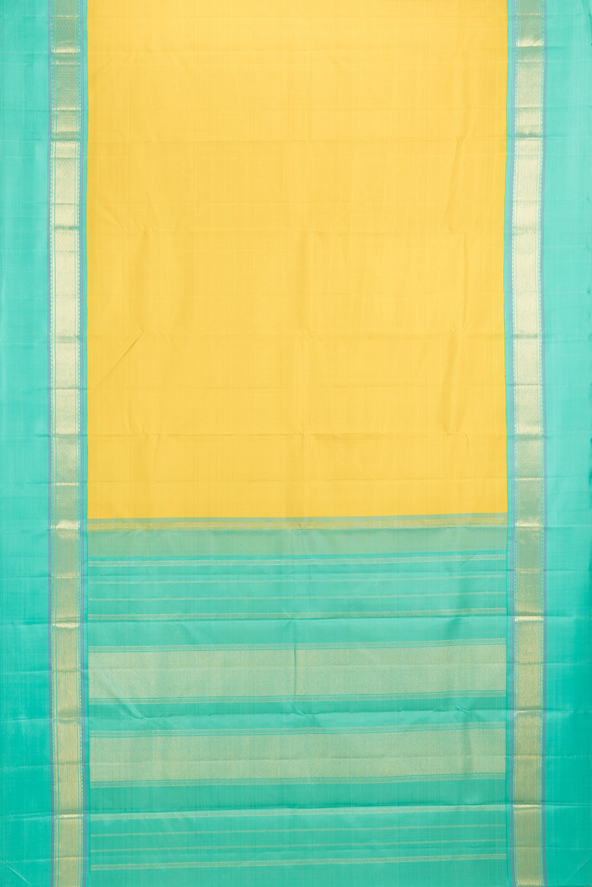 Flat view of Pure Silk Yellow Kanjivaram Saree with Plain Body and Zari Border. 