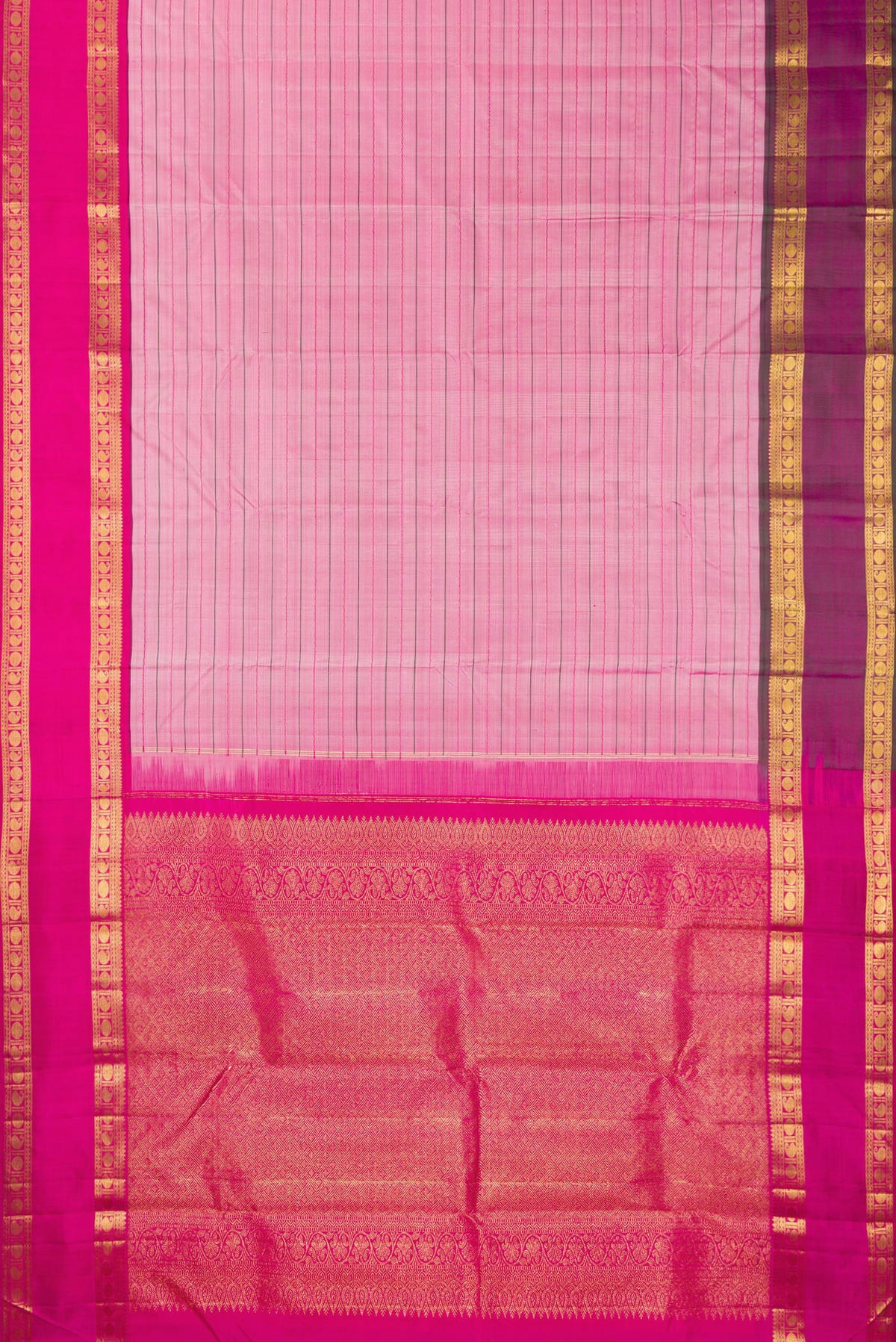 Flat view of Pure Silk Pink Kanjivaram Saree with Veldhari on the body and Ganga Jamuna Border. 