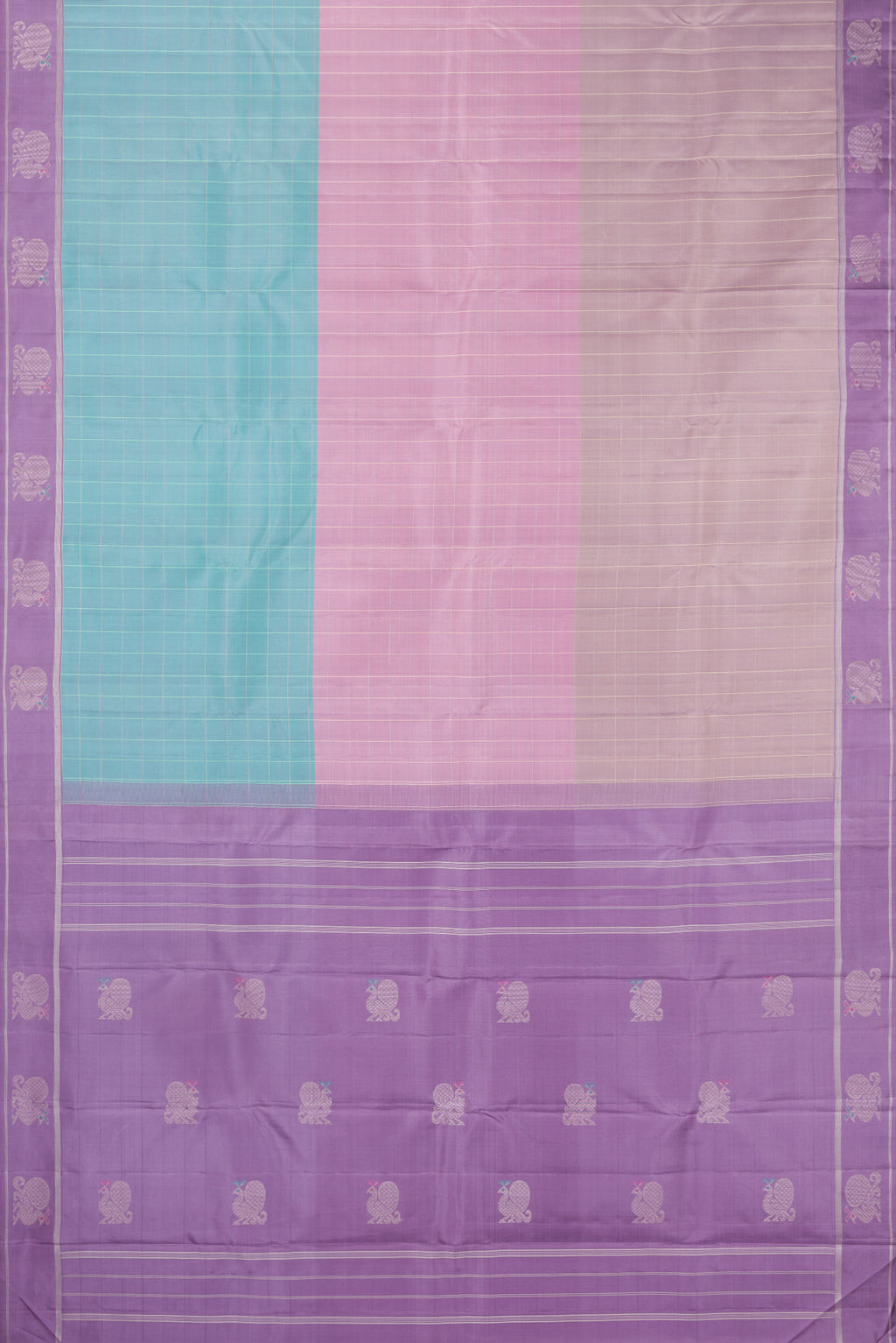 Flat view of Pure Silk Multi Color Kanjivaram Saree with Checked design on the body and Fancy Border. 