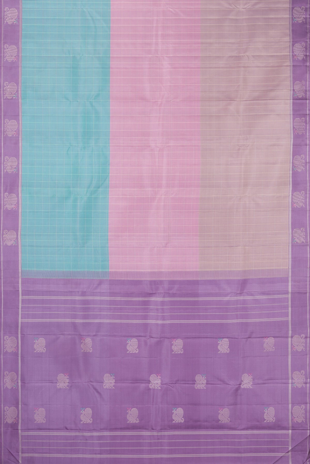 Flat view of Pure Silk Multi Color Kanjivaram Saree with Checked design on the body and Fancy Border. 