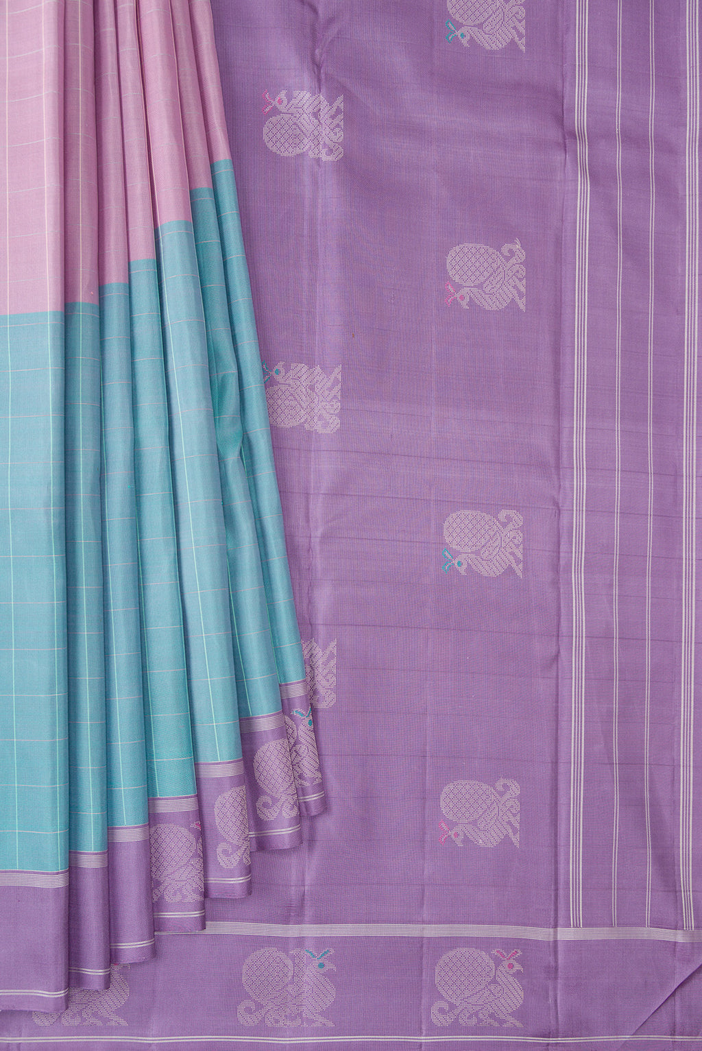 Pleats and pallu of Pure Silk Multi Color Kanjivaram Saree with Checked design on the body and Fancy Border. 