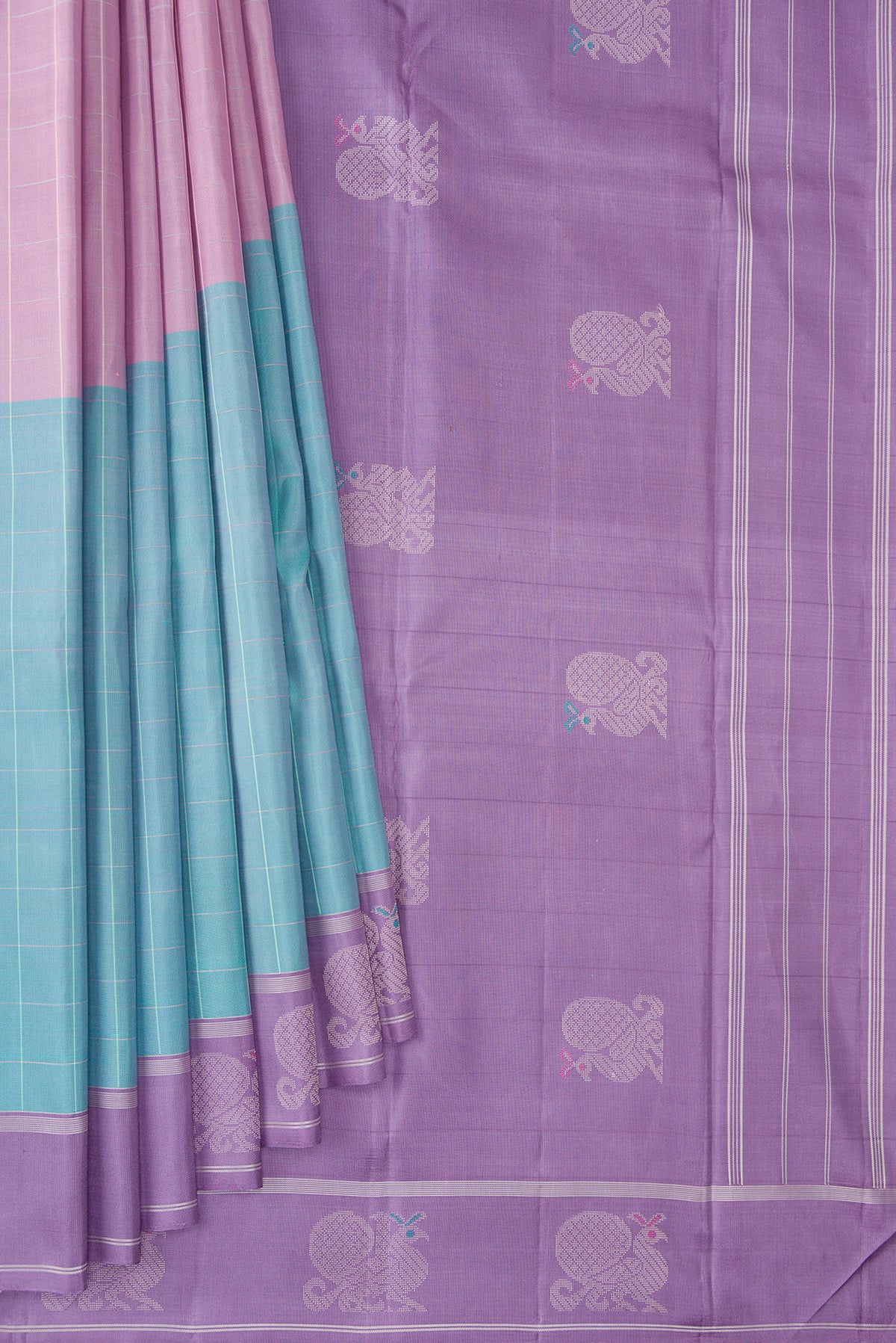 Pleats and pallu of Pure Silk Multi Color Kanjivaram Saree with Checked design on the body and Fancy Border. 