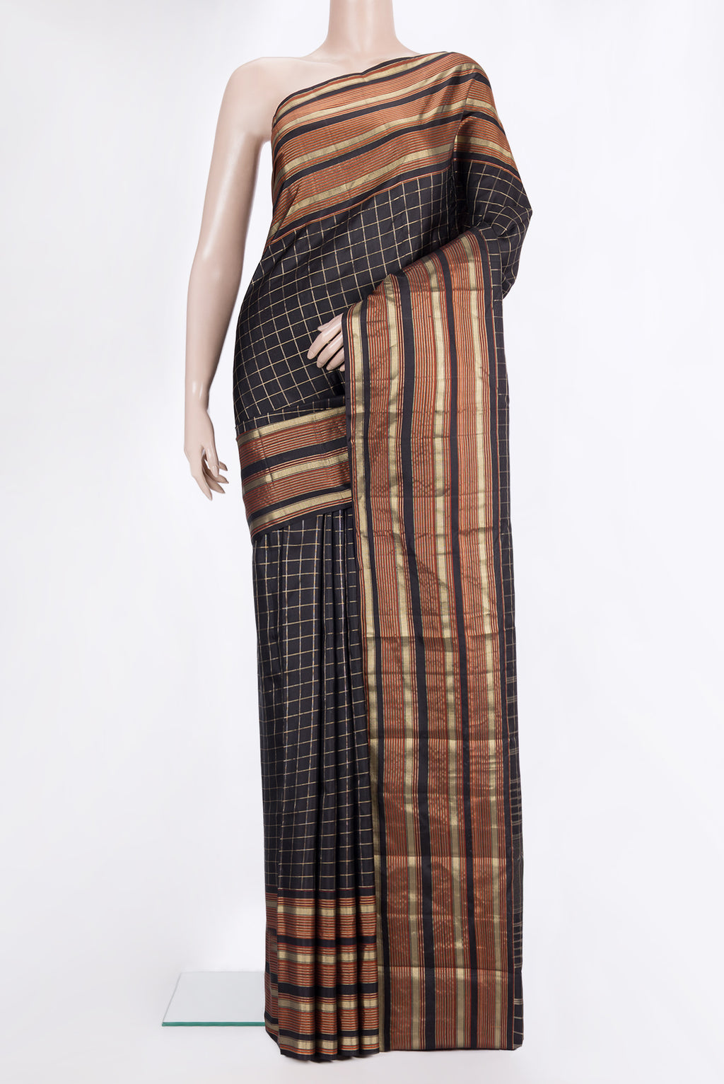 Pure Silk Black Kanjivaram Saree with Checked design on the body and Zari Border.  displayed on a mannequin
