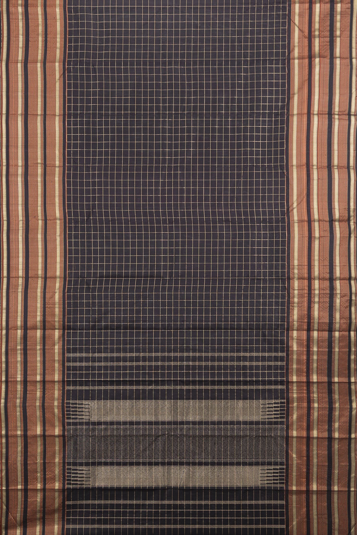 Flat view of Pure Silk Black Kanjivaram Saree with Checked design on the body and Zari Border. 