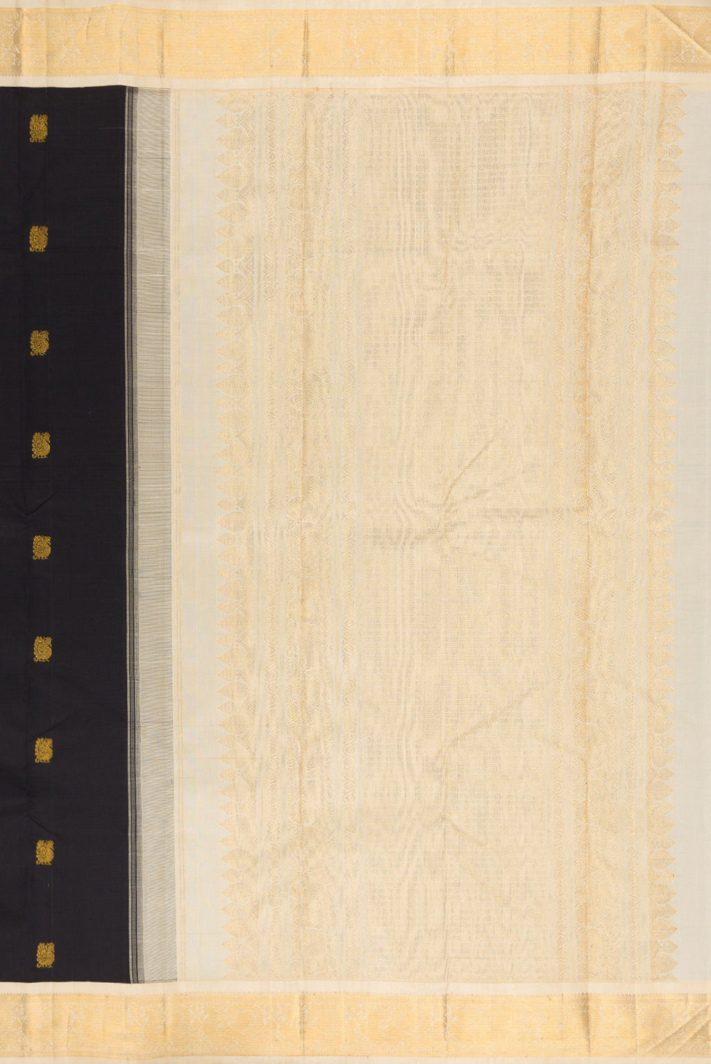 Close up image of the pallu of Pure Silk Black Kanjivaram Saree with Zari Butta on the body and Zari Border. 