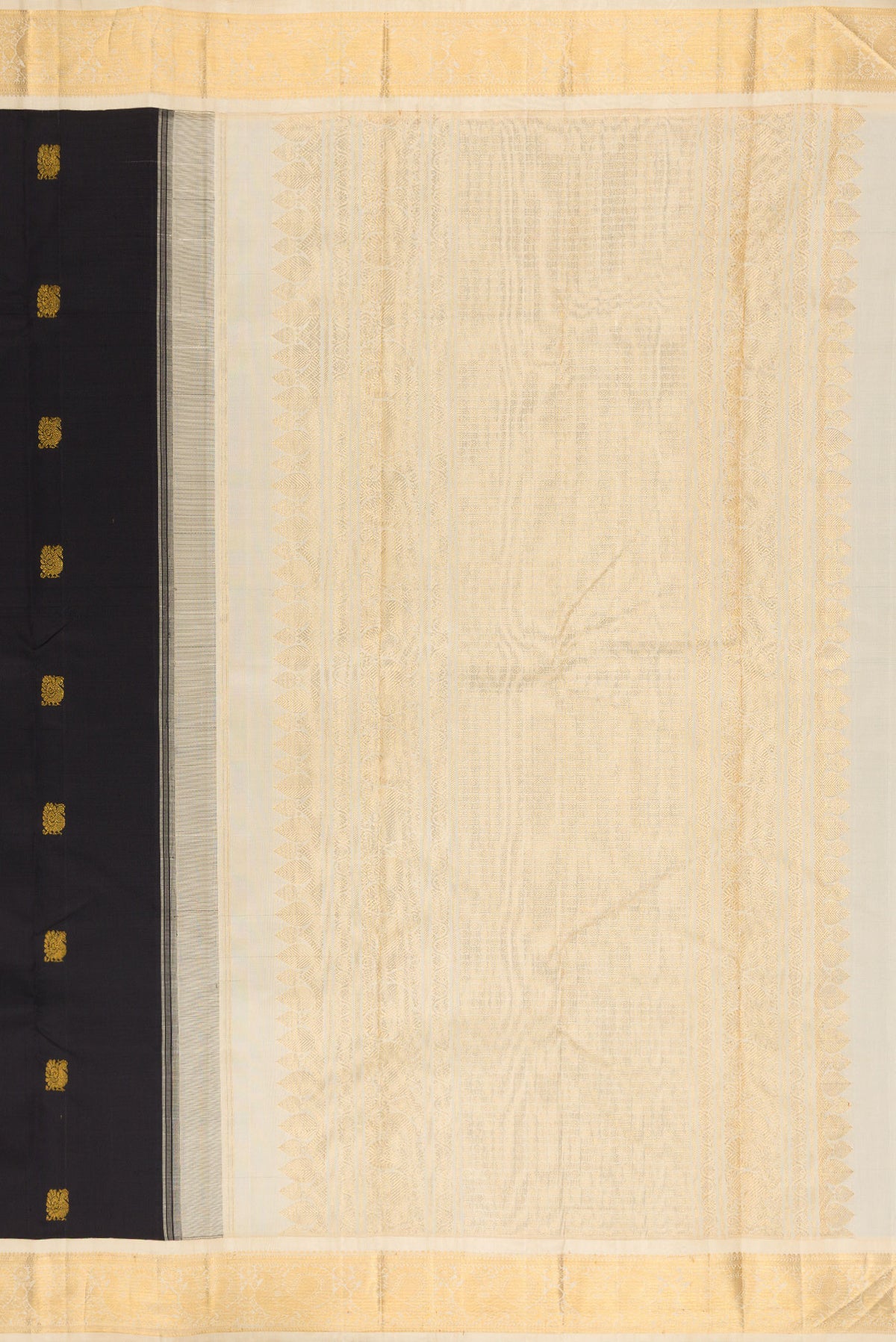 Close up image of the pallu of Pure Silk Black Kanjivaram Saree with Zari Butta on the body and Zari Border. 