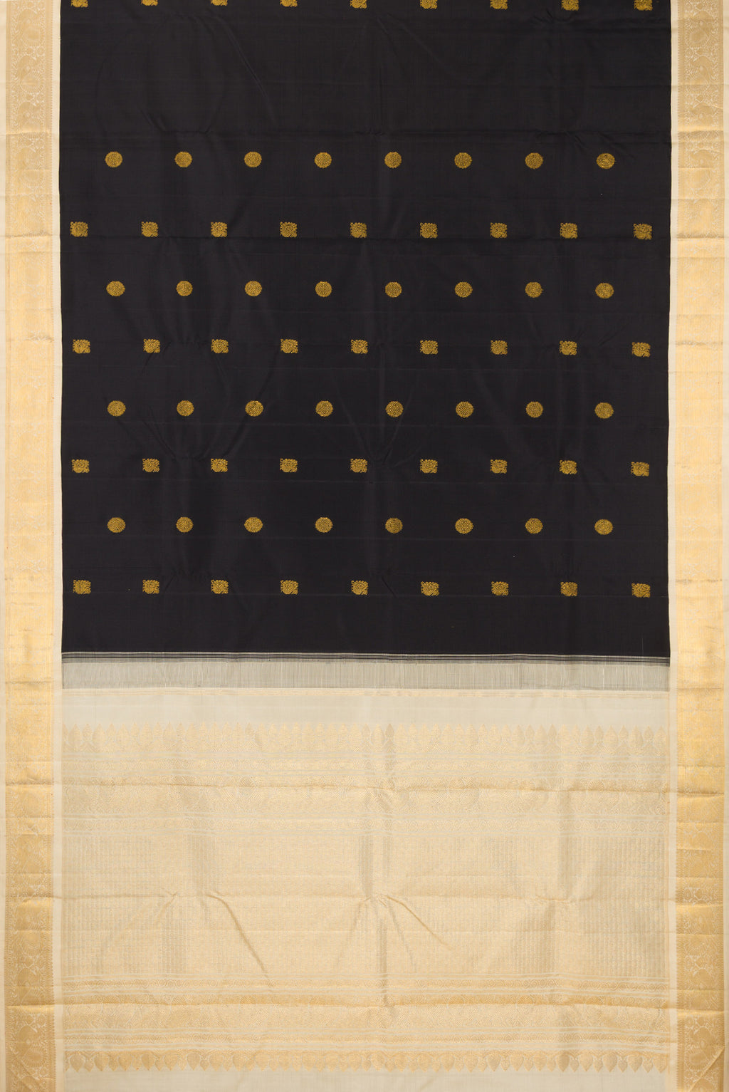 Flat view of Pure Silk Black Kanjivaram Saree with Zari Butta on the body and Zari Border. 