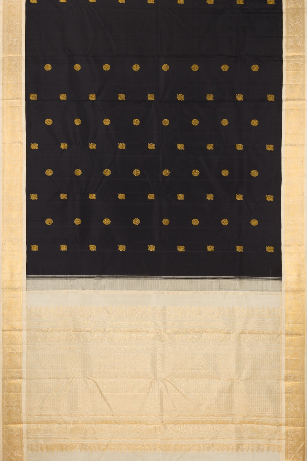 Flat view of Pure Silk Black Kanjivaram Saree with Zari Butta on the body and Zari Border. 
