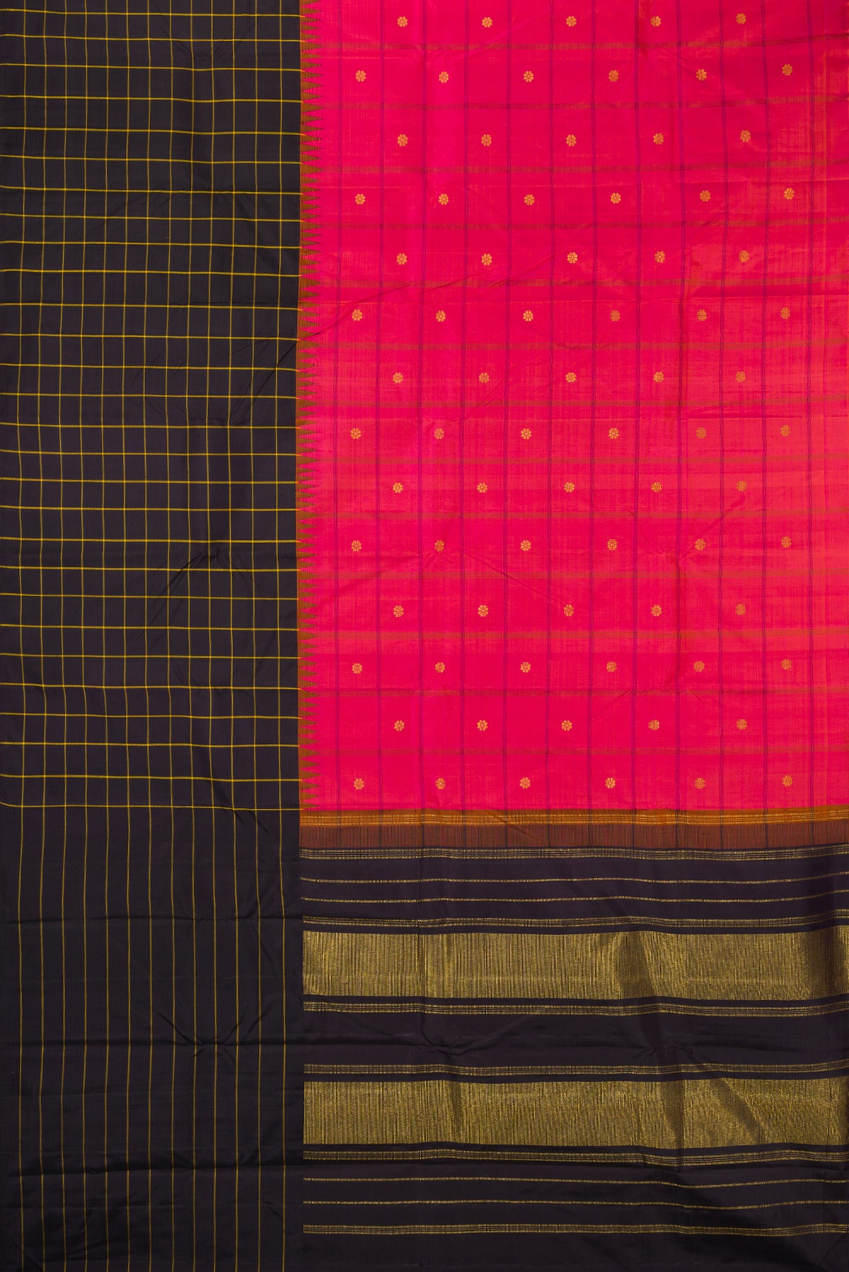 Flat view of Pure Silk Pink Dual Tone Kanjivaram Saree with Checked design on the body and Checks Border. 