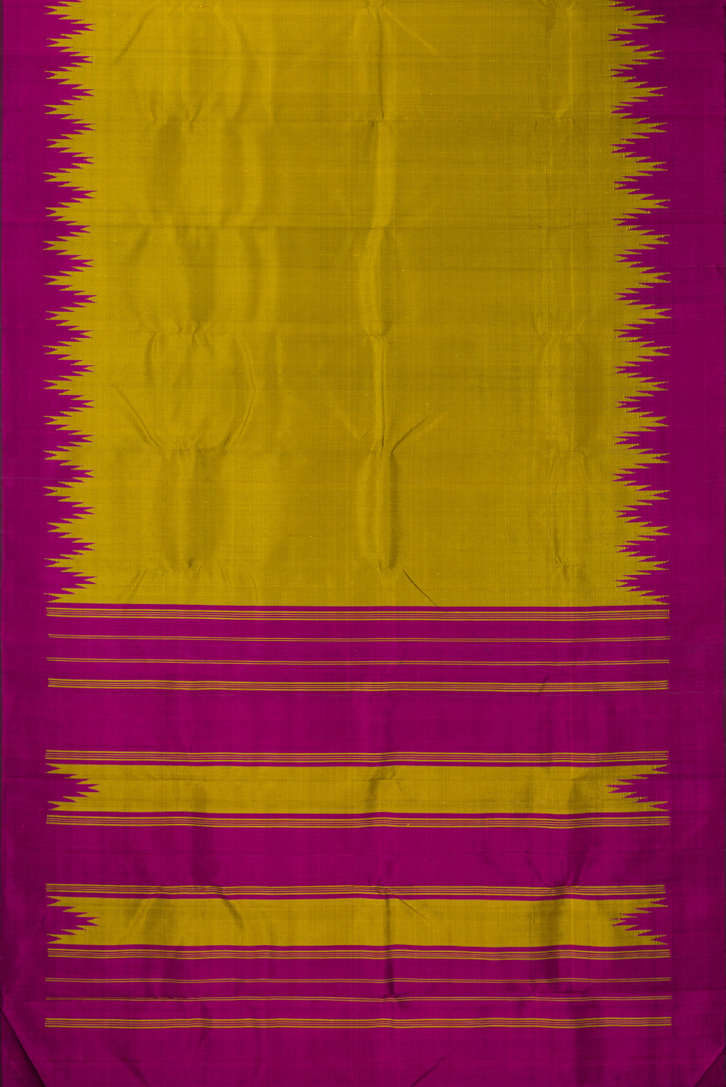 Flat view of Pure Silk Mehandi Green Dual Tone Kanjivaram Saree with Plain Body and Temple Border. 