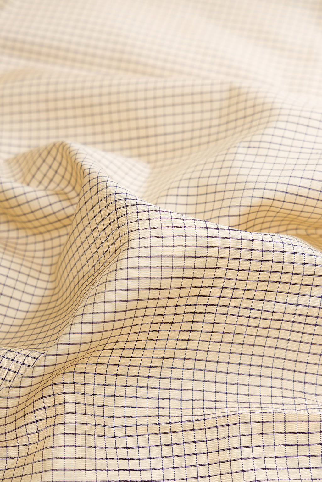 Close up of Pure Silk Pure Zari Beige Kanjivaram Saree with Checked design on the body and Temple Border.  displaying folds