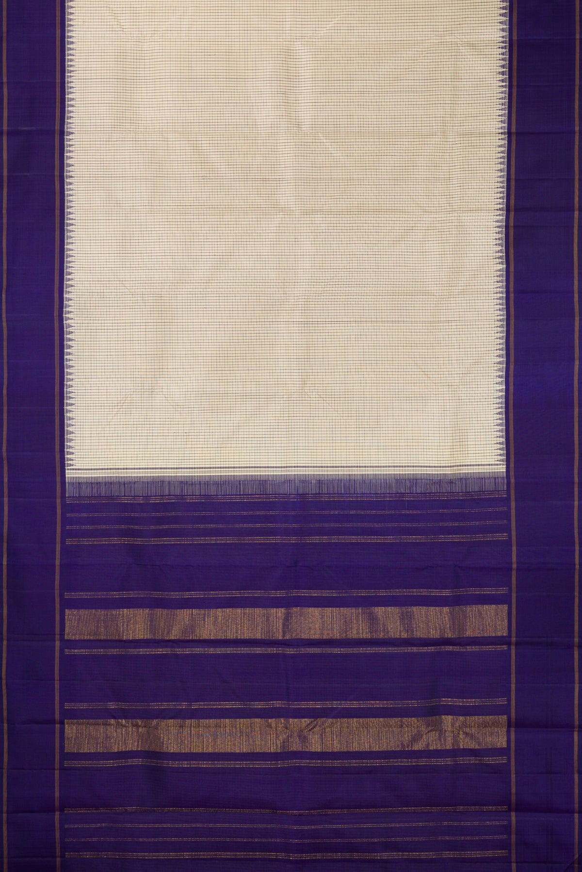 Flat view of Pure Silk Pure Zari Beige Kanjivaram Saree with Checked design on the body and Temple Border. 