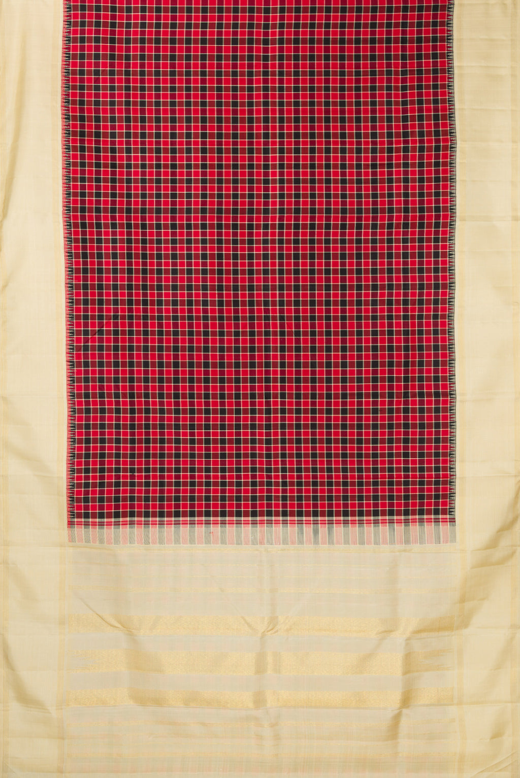 Flat view of Pure Silk Pure Zari Multi Color Kanjivaram Saree with Checked design on the body and Zari Border. 