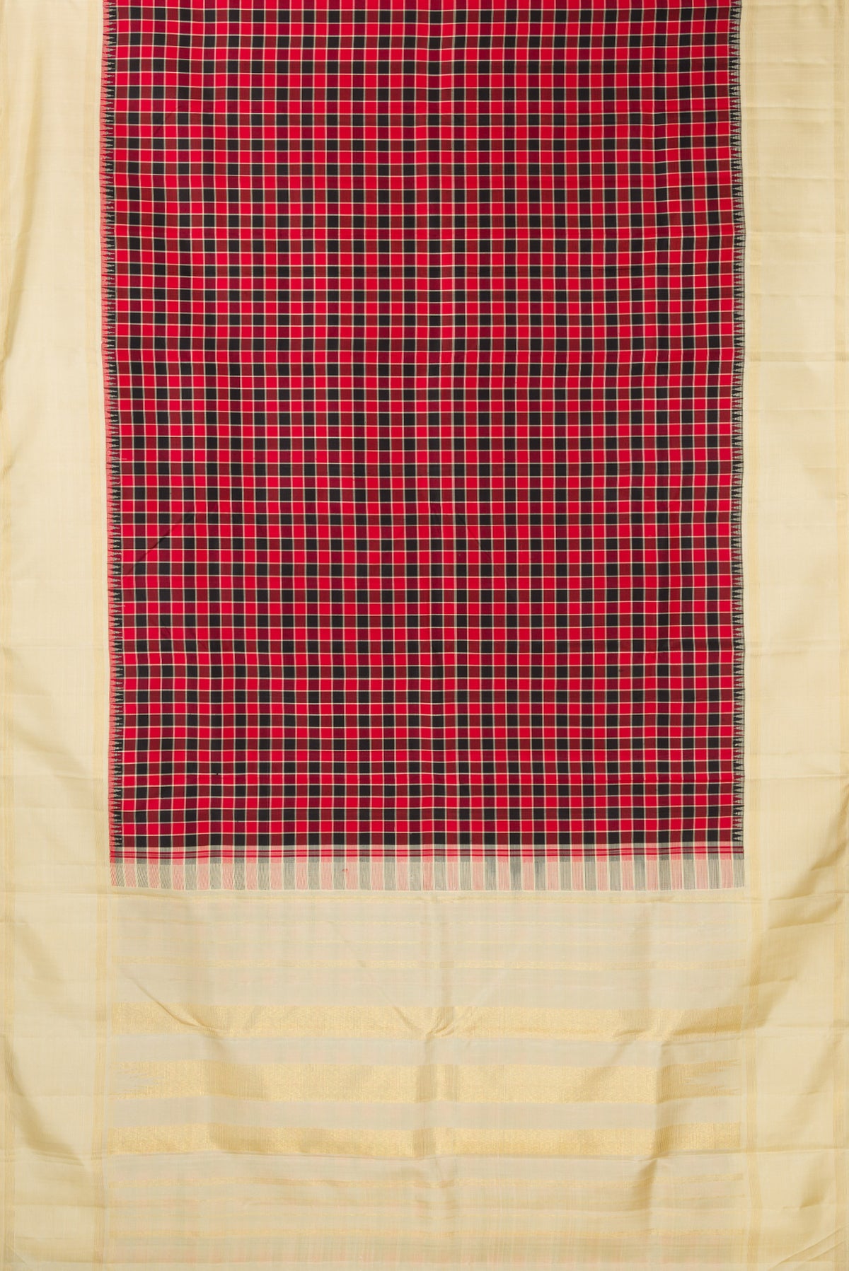 Flat view of Pure Silk Pure Zari Multi Color Kanjivaram Saree with Checked design on the body and Zari Border. 