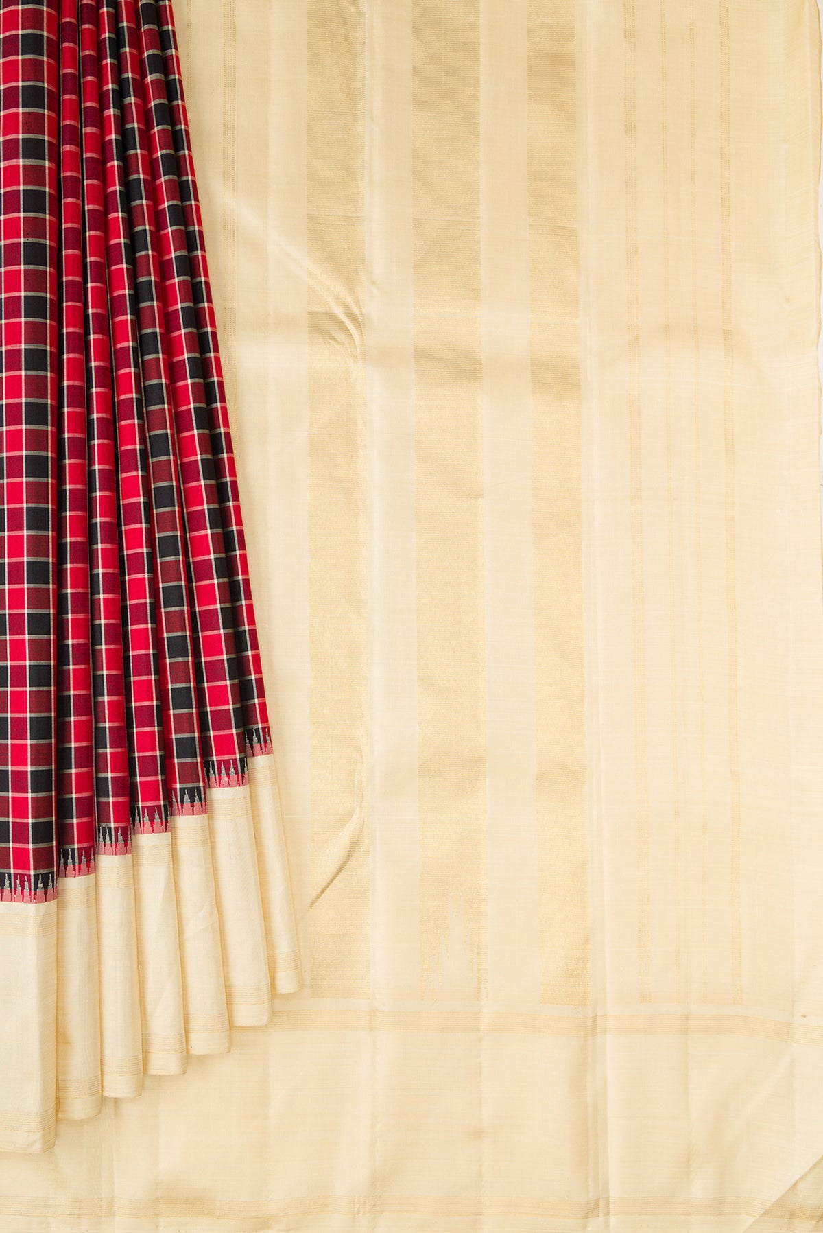 Pleats and pallu of Pure Silk Pure Zari Multi Color Kanjivaram Saree with Checked design on the body and Zari Border. 