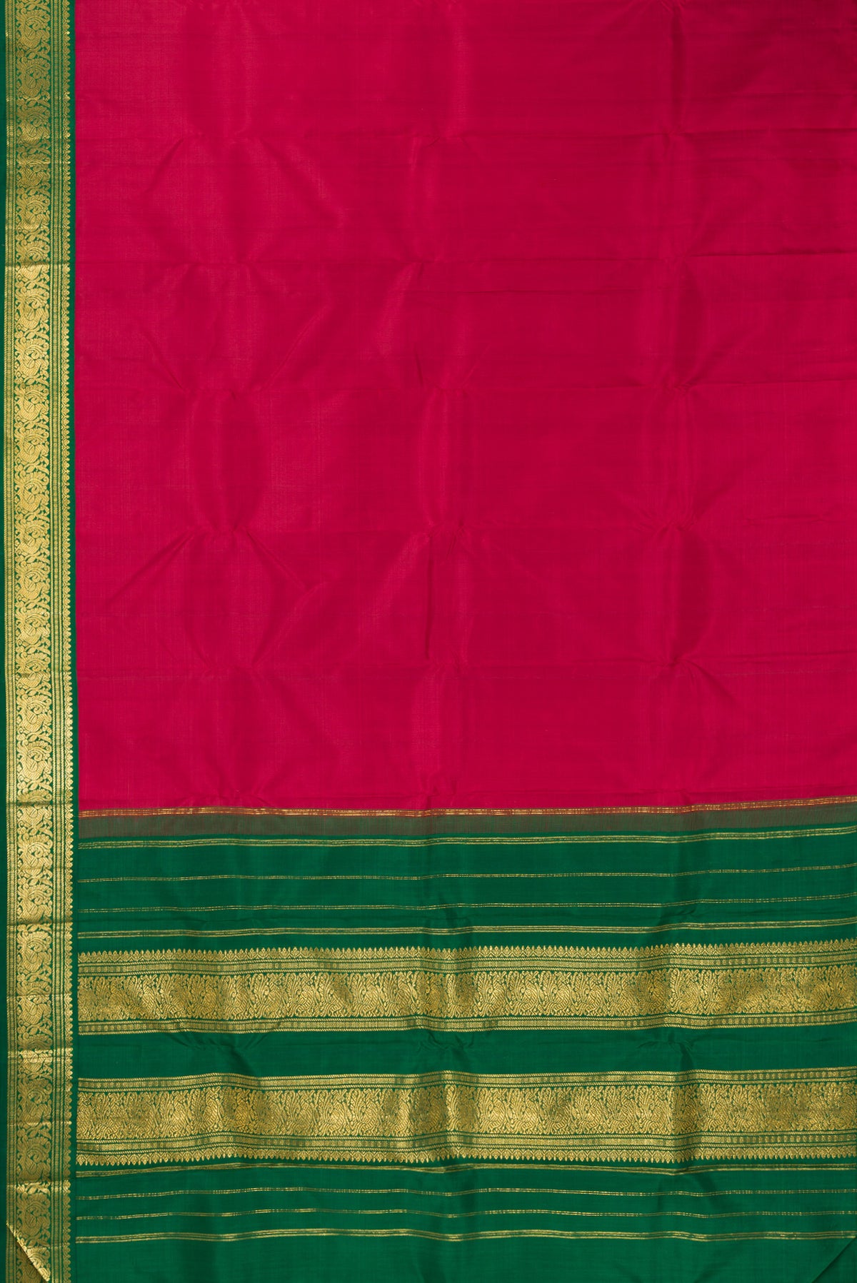 Flat view of Pure Silk Pure Zari Deep Red Kanjivaram Saree with Plain Body and One Side Border. 