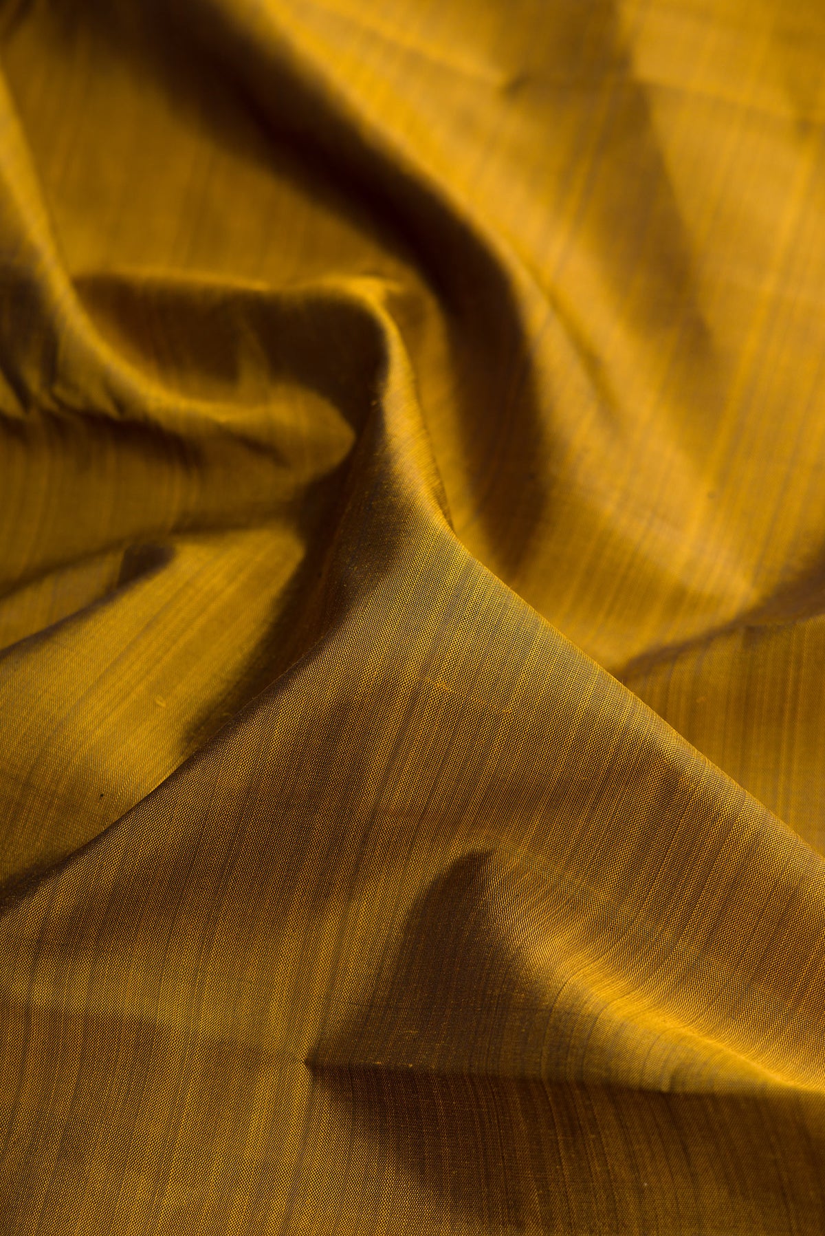 Close up of Pure Silk Pure Zari Mehandi Green Dual Tone Kanjivaram Saree with Plain Body and One Side Border.  displaying folds